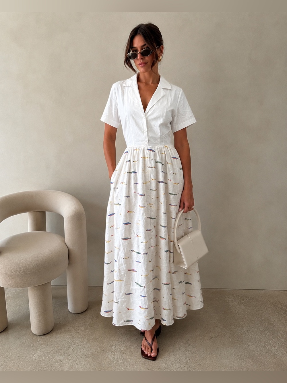 STAUD White 100% Linen Fish Print Maxi Shirt Dress Size S NWT Coastal Resort